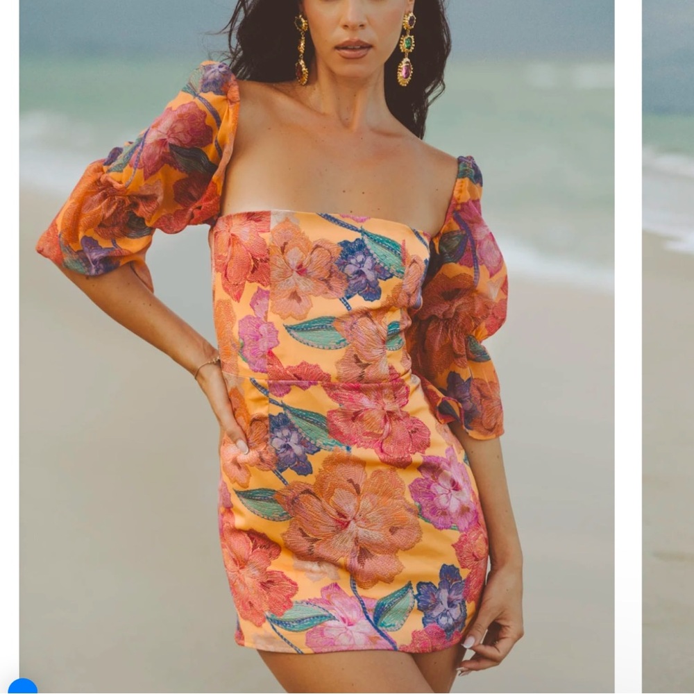 Soah Large NEW Camille‎ Orange Bloom Mini Dress Colorful Puff Sleeve Resort